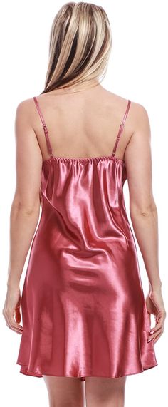 Women's Satin Chemise Nightgowns- Sexy Sleepwear V Neck Spaghetti Strap Silk Lace Nightdress - Bean Paste