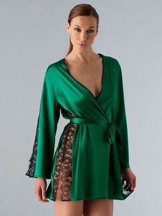 Satin Dressing Gown, Green Lingerie, Sleepwear Fashion, Dresses 2022, Night Dresses, Satin Lingerie, Silk Robe, Pretty Lingerie, Luxury Lingerie