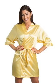 Sunny Yellow Satin Kimono Robe | Zynotti Satin Bridal Party, Comic Dress, Robes Satin, Yellow Lingerie, Satin Bridesmaids Robes, Bride To Be Sash, Orange Satin, Bridal Party Robes