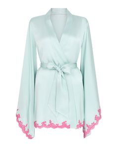 Luxuriate in Molly’s silken sophistication.. . Made from sumptuous silk satin and overlaid with delicately hand-cut French lace, Molly is an AP classic. Guaranteed to bring the glamour, every time. Cool mint and pink kimono dressing gown Sumptuous silk satin Contrasting French Leavers lace details Dramatic flowing sleeves Matching waist cinching belt Wear with matching Molly slip to complete this timeless look